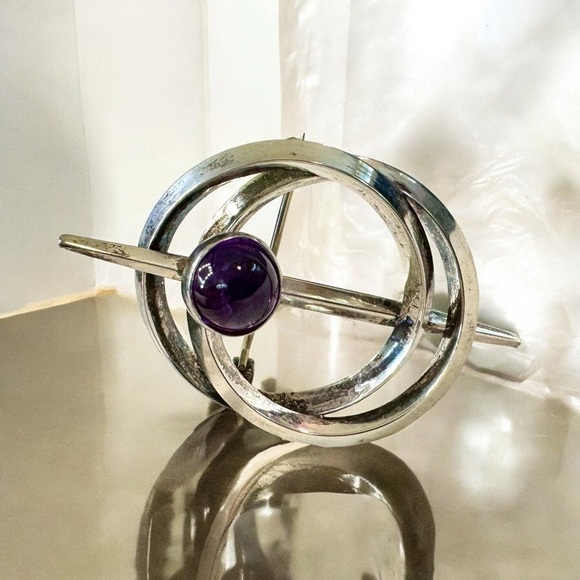 Unique Scandinavian Amethyst Sterling Silver Brooch — Arvo Saarela - Picture 6 of 9
